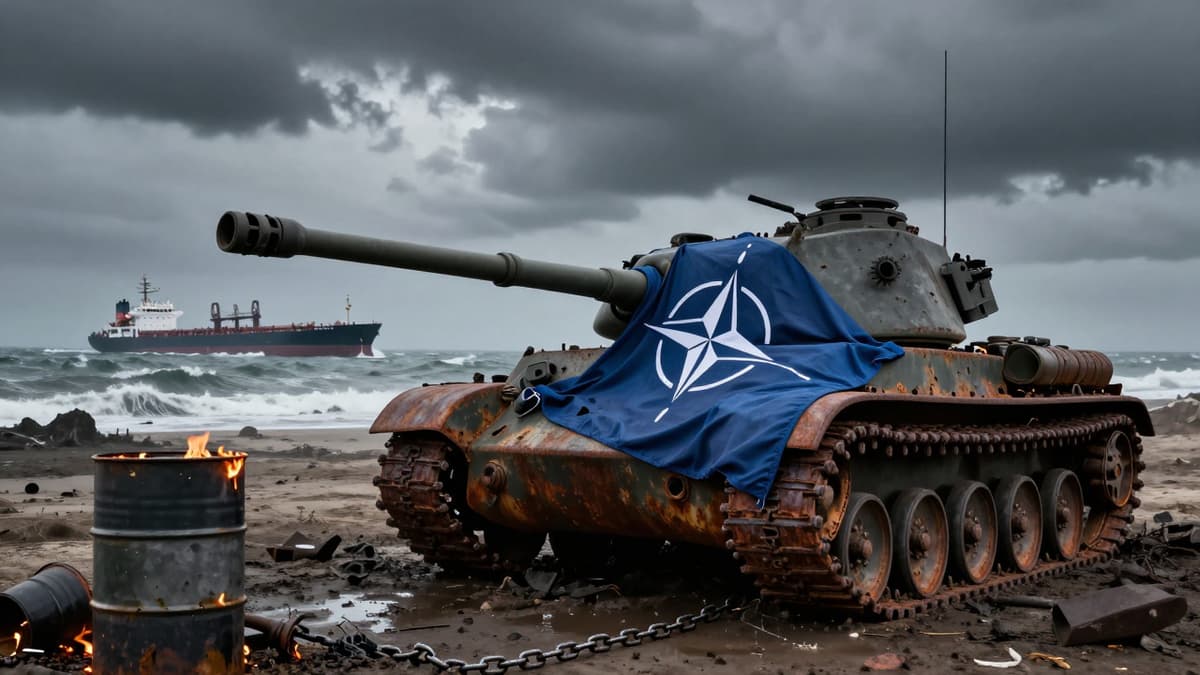 A tattered NATO flag draped over a rusted tank near a stormy Strait of Hormuz with a struggling oil tanker.