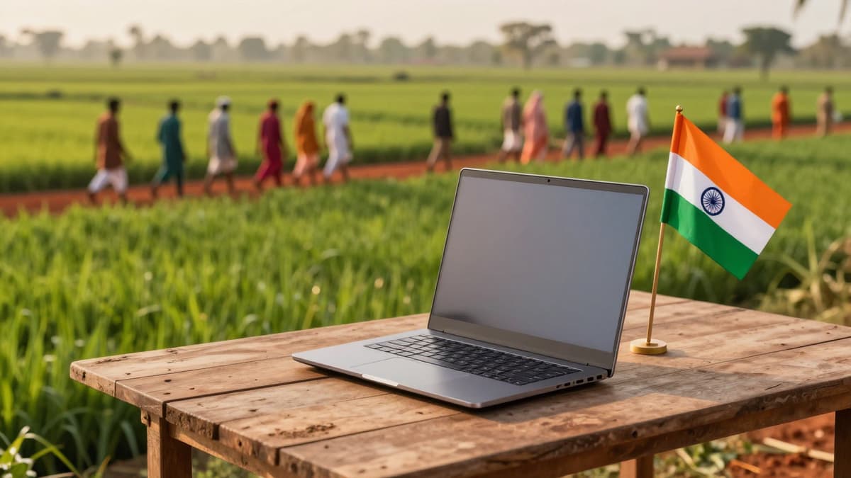 Digital census laptop on a table in a rural Indian field with a flag.