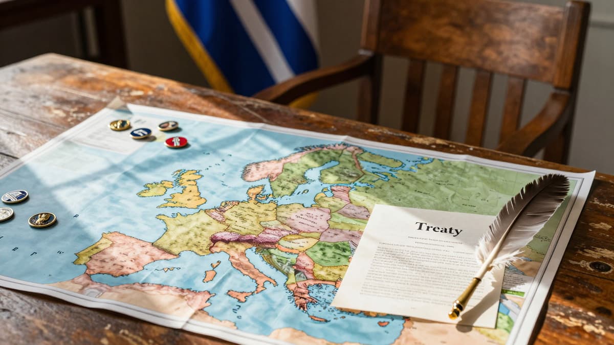 A realistic map of the North Atlantic and Europe on a wooden table with military symbols and a document, symbolizing NATO discussions.