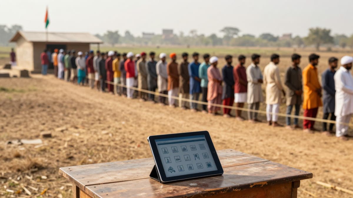 A photorealistic scene of a large crowd waiting for a census in rural India with a digital tablet in the foreground.