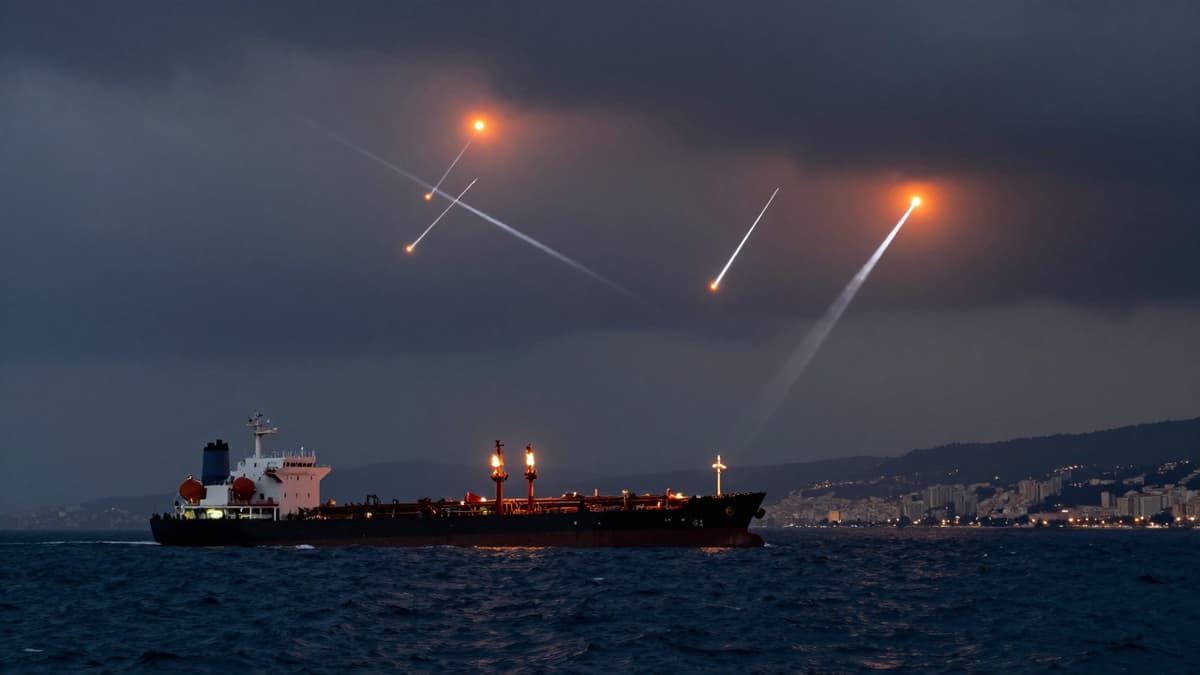 Dramatic night scene of an oil tanker and missile intercepts over a coastal city during a military conflict.