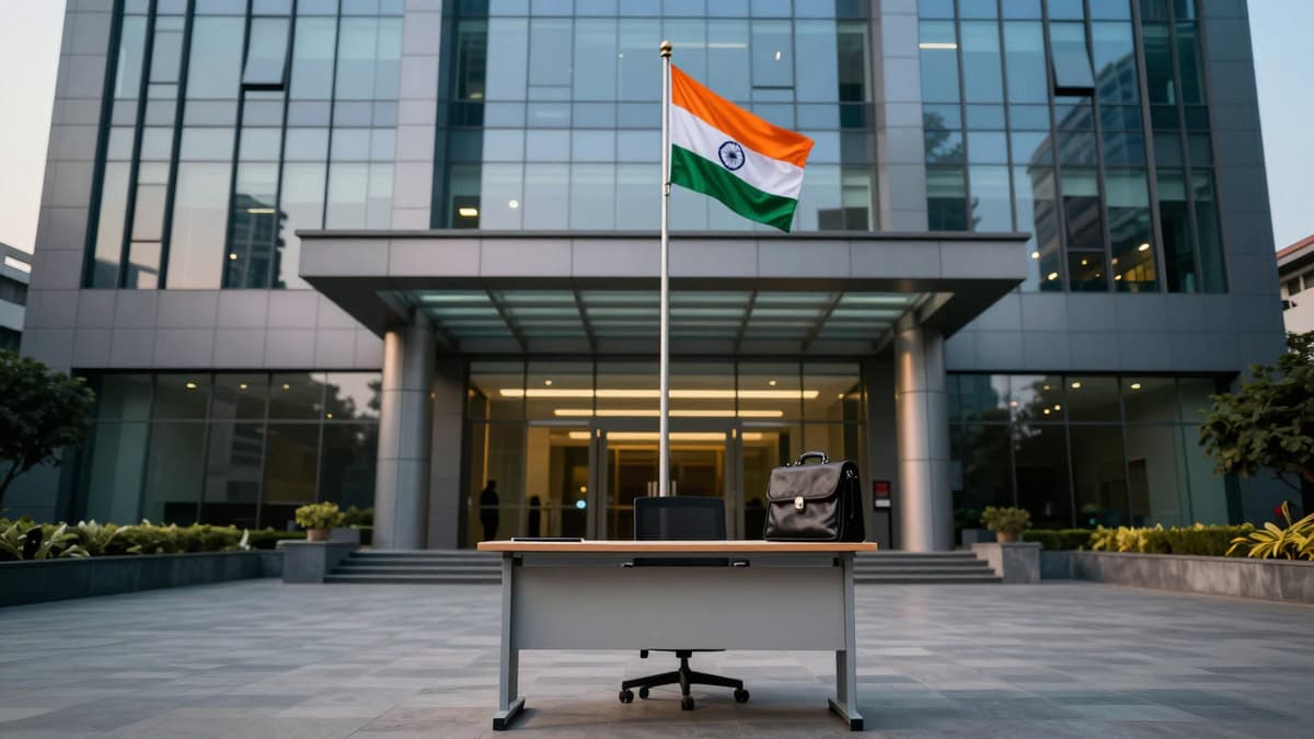 Indian office building with flag and empty desk symbolizing job loss