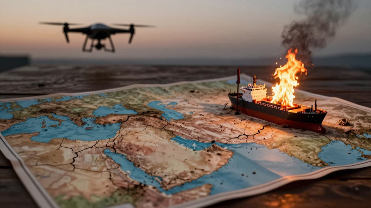 A cracked map of the Middle East with a flaming oil tanker silhouette and a drone against a twilight sky symbolizing the ongoing conflict.