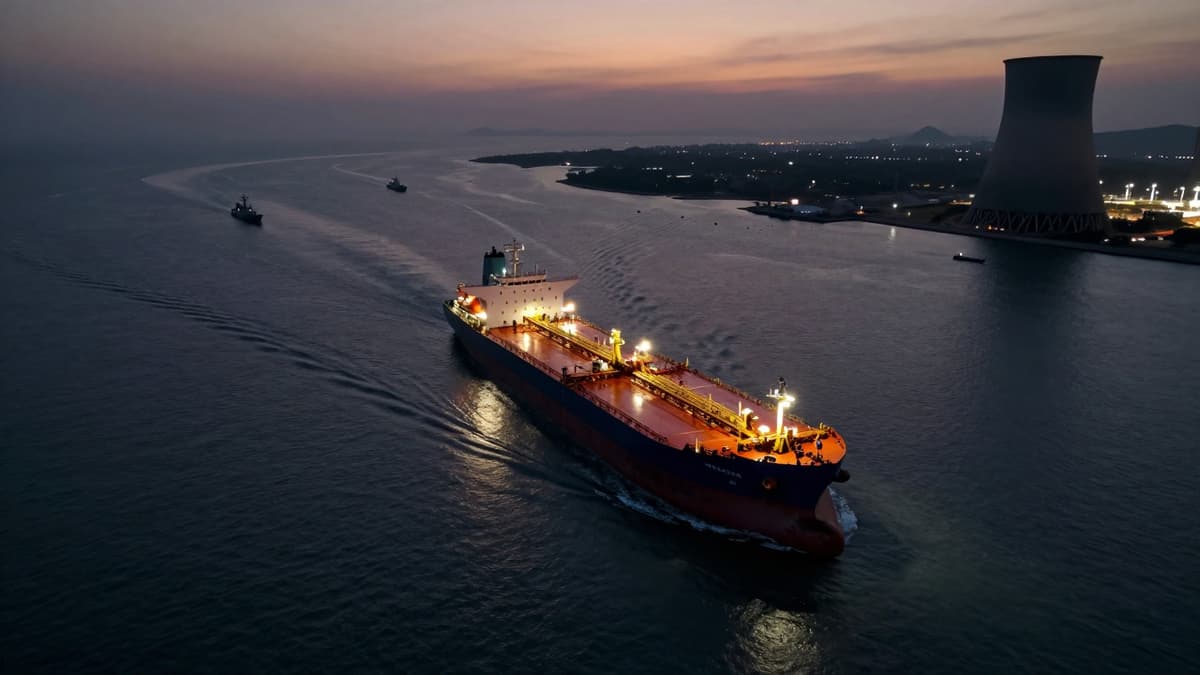 Aerial view of a tanker in the Strait of Hormuz with distant naval vessels and a nuclear tower silhouette.