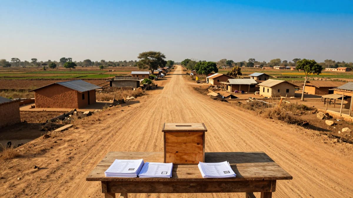A realistic rural Indian landscape with village homes, agricultural fields, and a voting box symbolizing a national census operation.