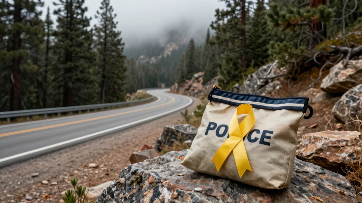 A misty highway in American Fork Canyon with an evidence bag resting on a rock.