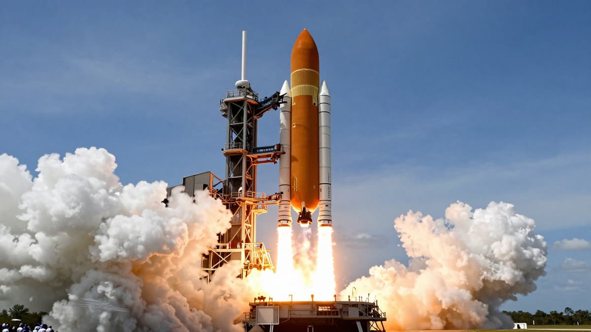 Massive orange-and-white rocket launches from Florida, carrying astronauts on a lunar journey.