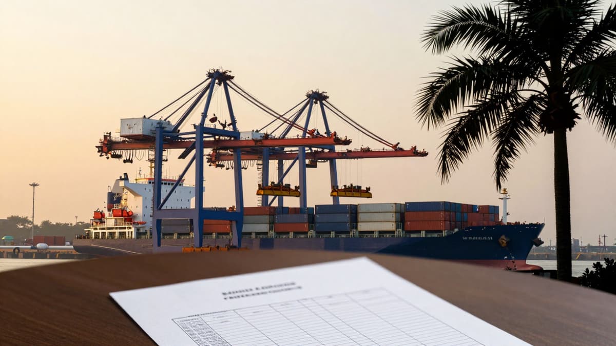 Realistic photo of an Indian port loading containers with energy infrastructure, symbolizing supply chains between India and the Middle East.