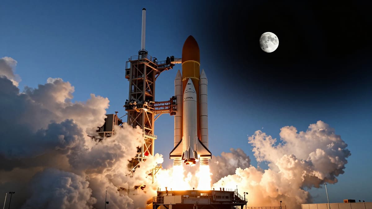 The Space Launch System rocket launches from Kennedy Space Center with the moon visible in the background.