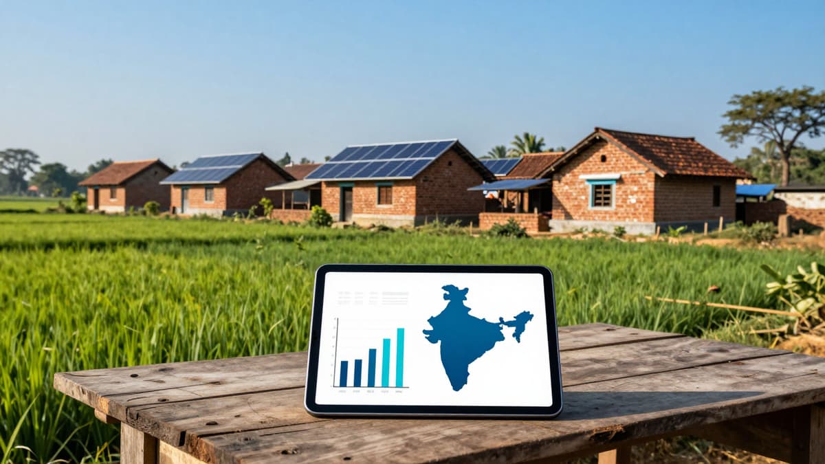Digital tablet with census data on a wooden table in a rural Indian village setting.