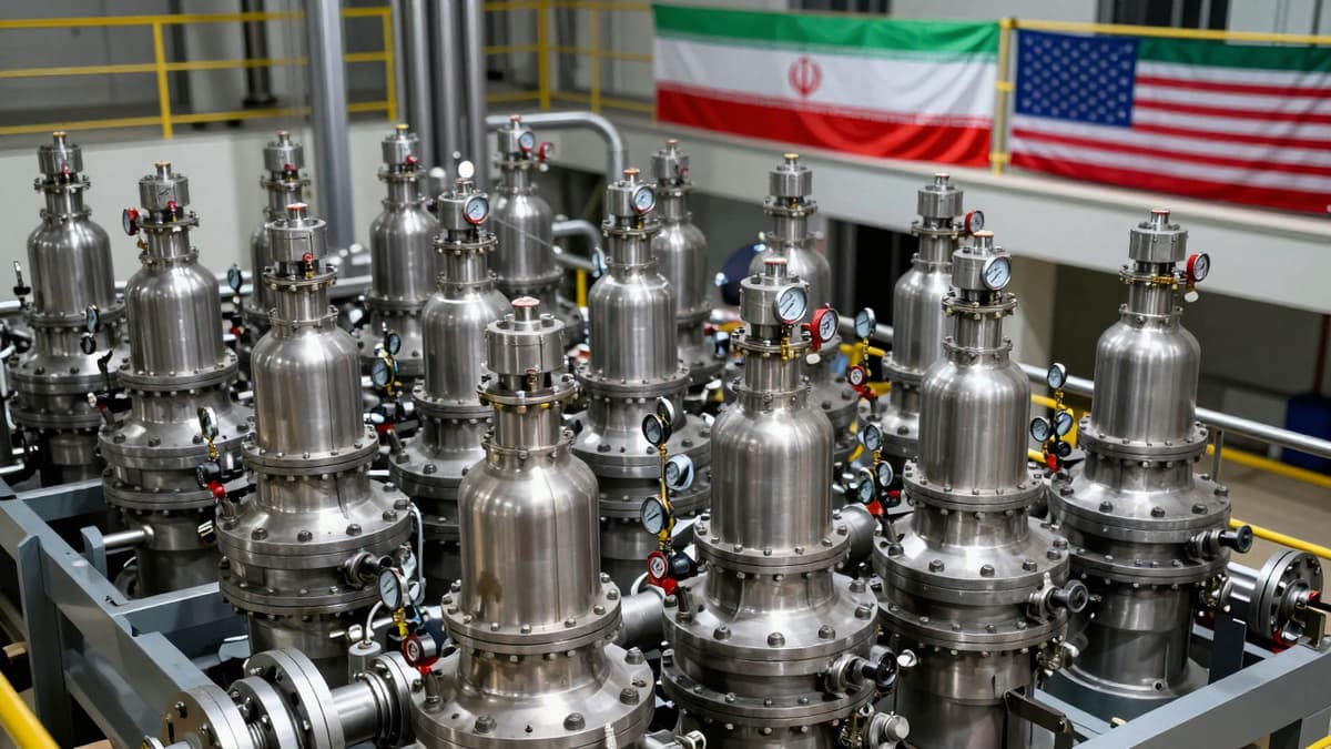 Industrial gas centrifuges in a facility symbolizing the US and Iran nuclear tension.