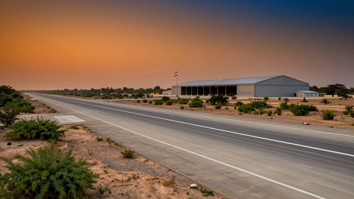 A realistic photo of a new military airstrip in Gujarat with a hangar under a dramatic twilight sky.