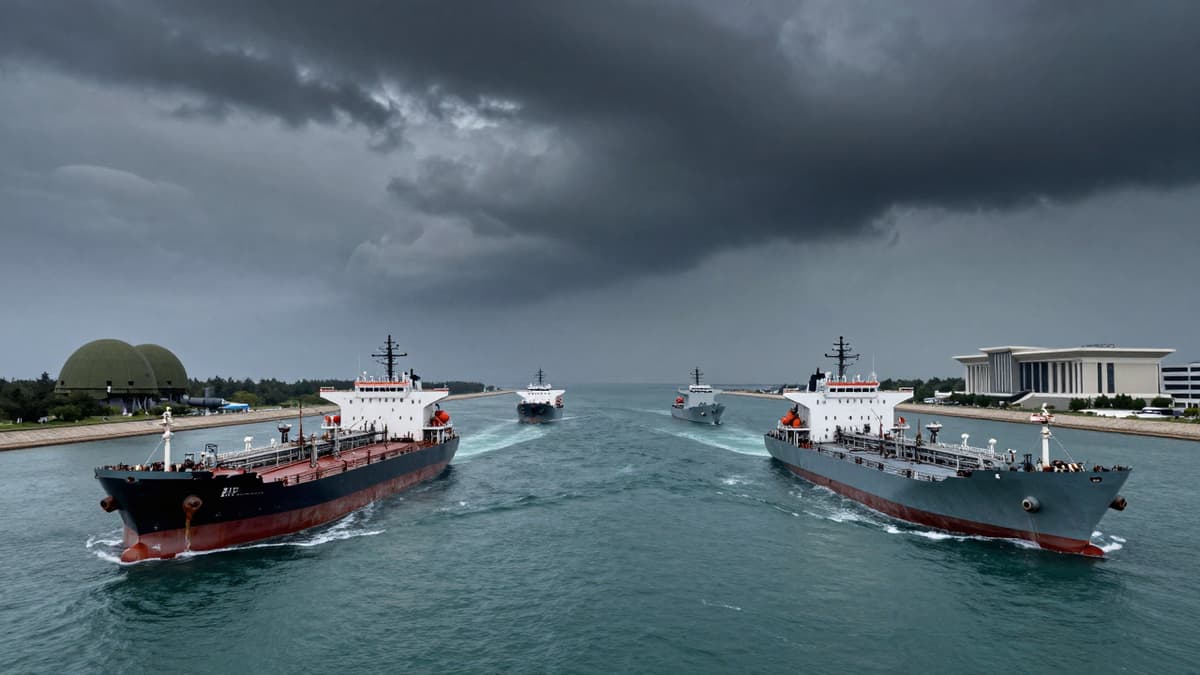 Oil tankers and military vessels navigate a narrow strait under stormy skies symbolizing the ongoing Iran conflict.