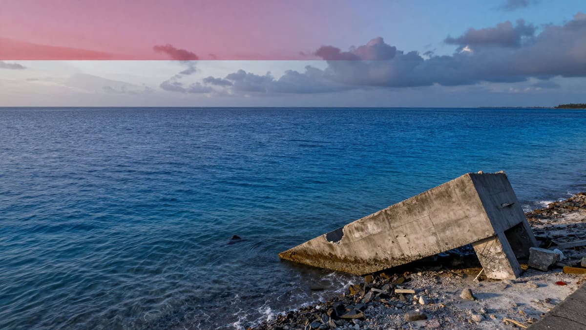A realistic photo of a damaged coastal building near the Molucca Sea in Indonesia under twilight skies.