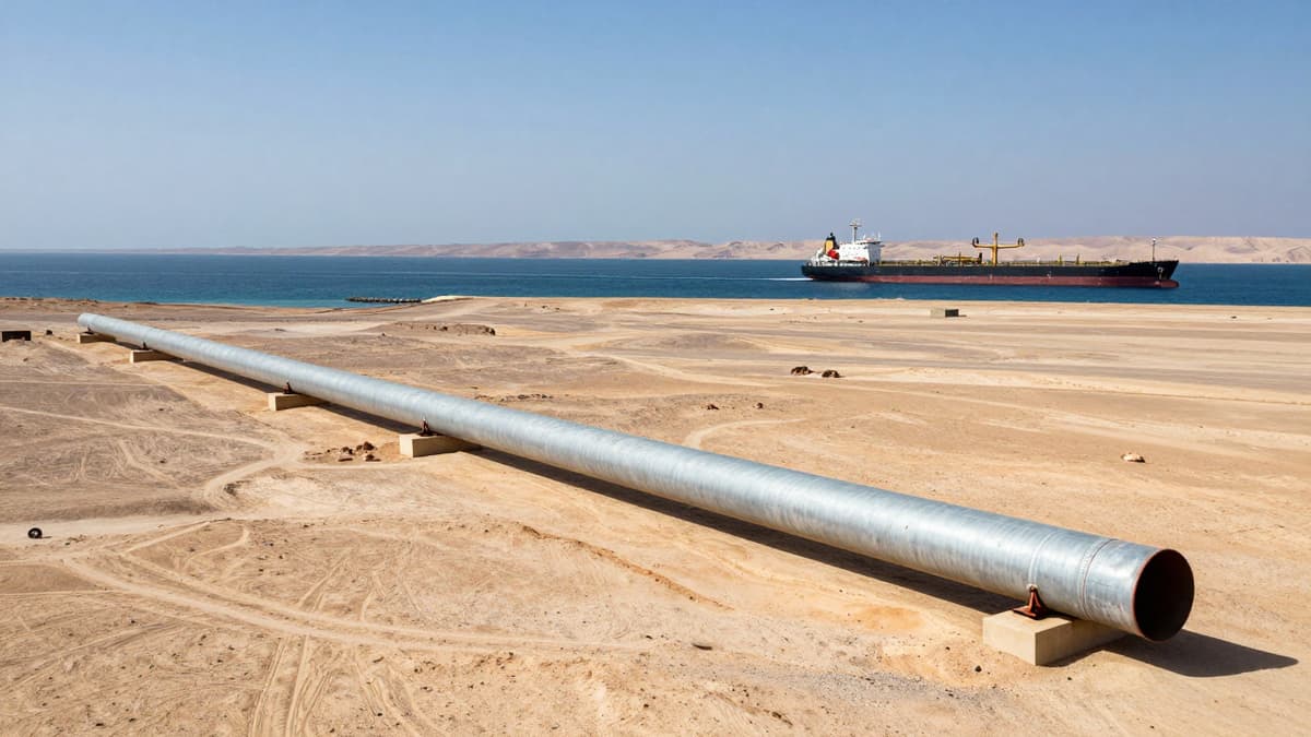 Realistic photo of an oil pipeline in a desert with a tanker navigating a strait, symbolizing energy security.