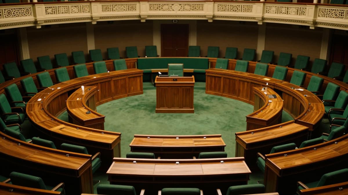 Empty green chairs and wooden desks in the Rajya Sabha chamber symbolizing a leadership vacancy.