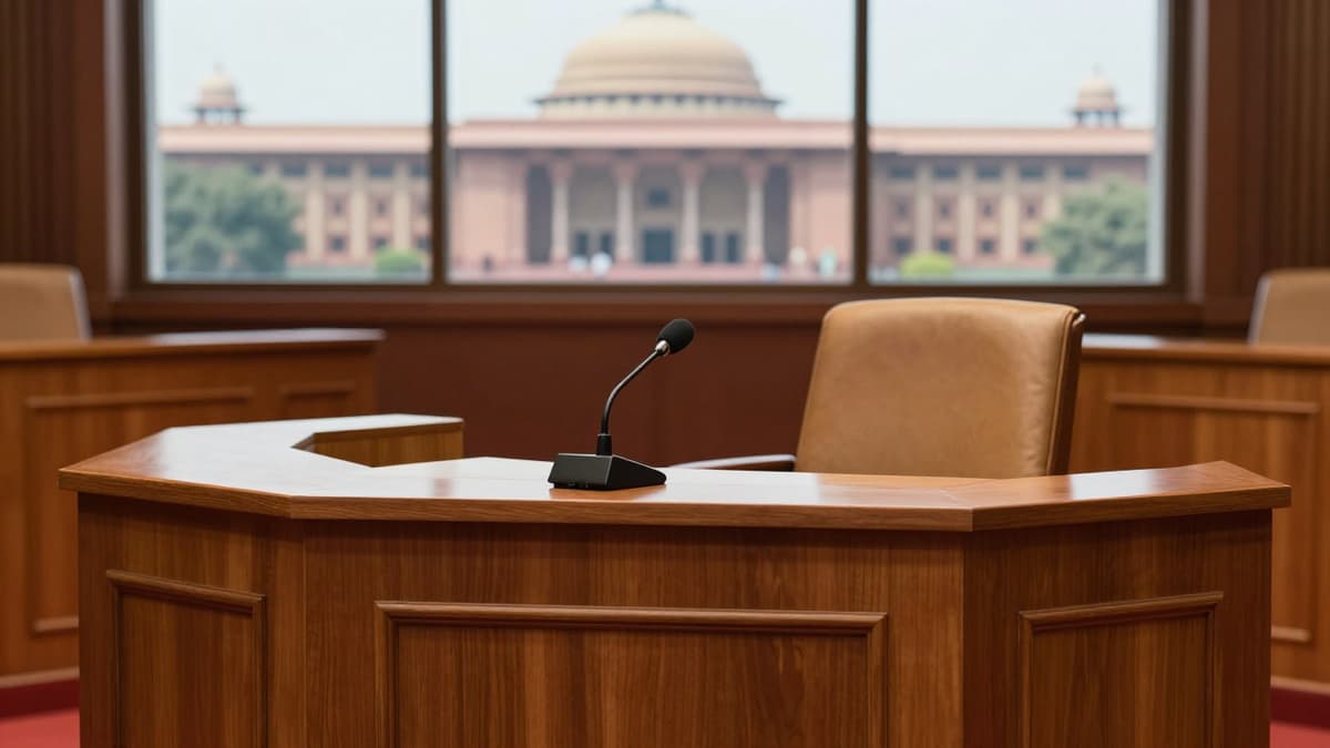 An empty wooden chair and microphone in the Rajya Sabha chamber symbolizing a leadership vacancy.