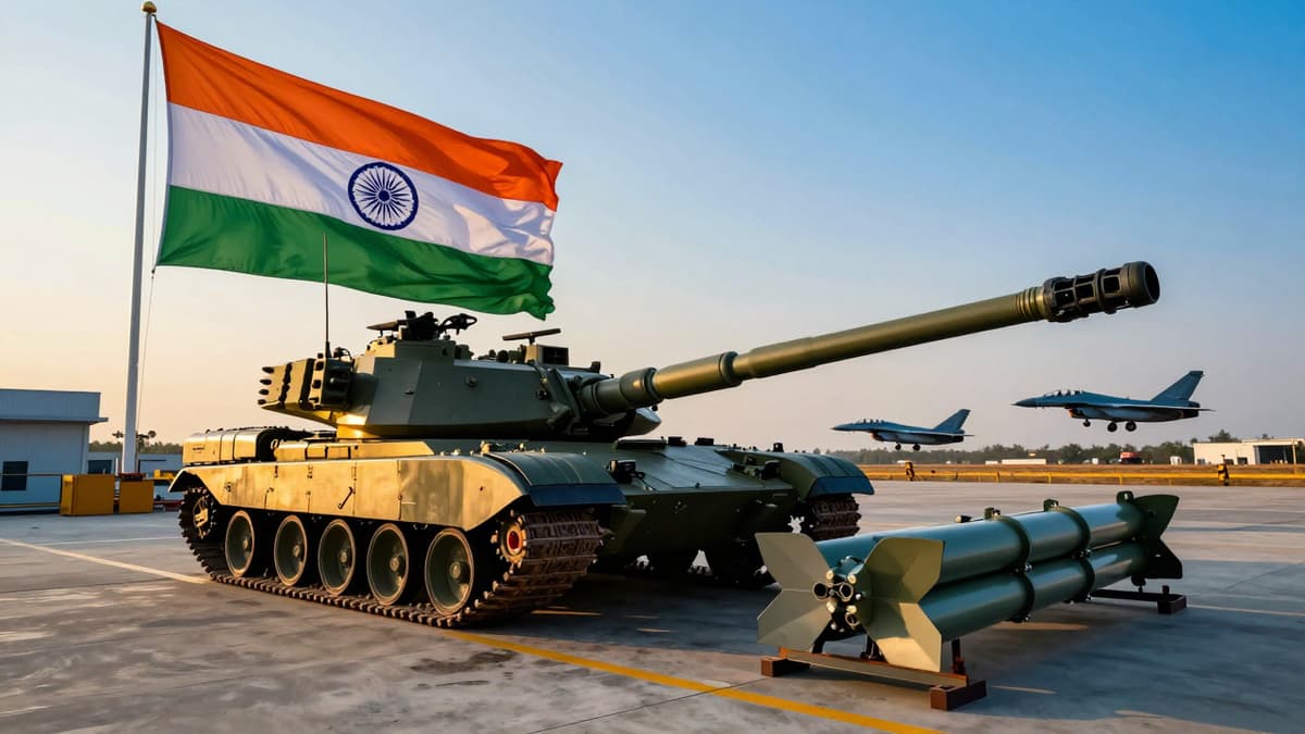 Modern Indian defence factory floor with new tanks and missiles under a waving flag