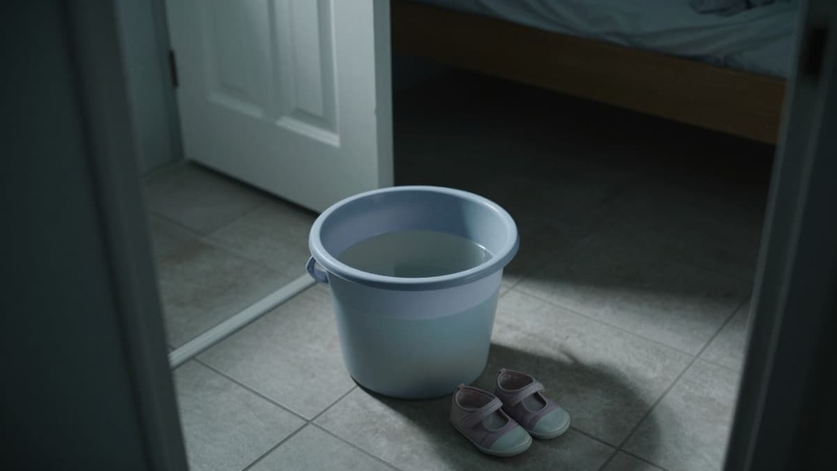 Empty plastic bucket on tiled bathroom floor with abandoned baby shoes nearby, symbolizing tragic child drowning accident.