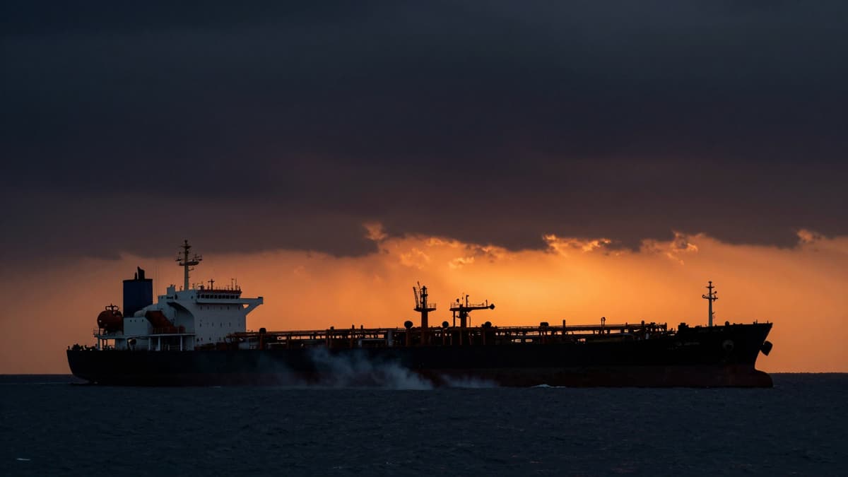 A dark stormy Persian Gulf scene with a silhouetted oil tanker and smoke indicating conflict.