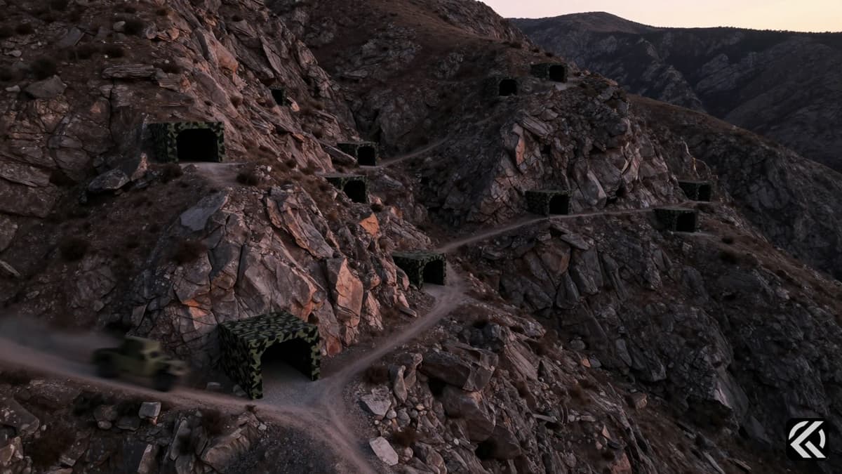 Rugged mountain cliffs with hidden military tunnel entrances and a blurred vehicle, symbolizing concealed assets.