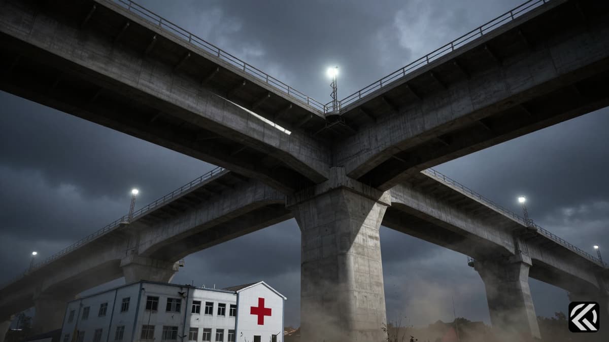Damaged bridge and hospital site under emergency lighting amidst conflict