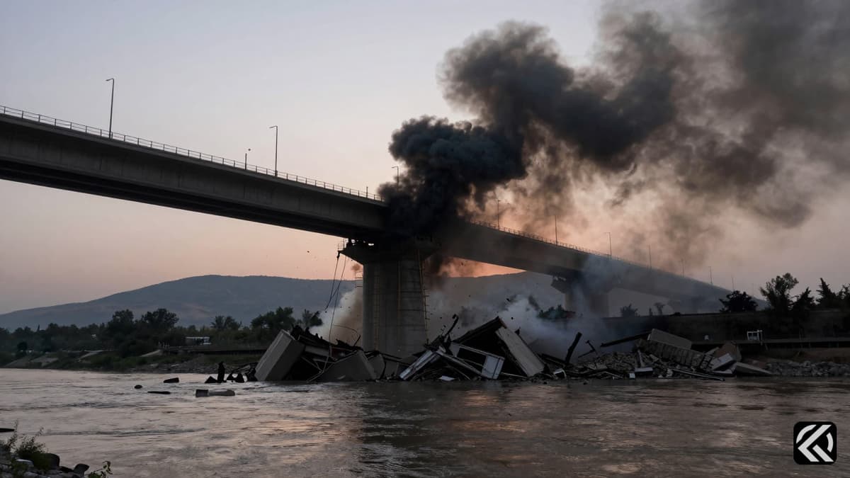 Smoke rises from the collapsing B1 bridge in Karaj, Iran, during the Trump Iran war.