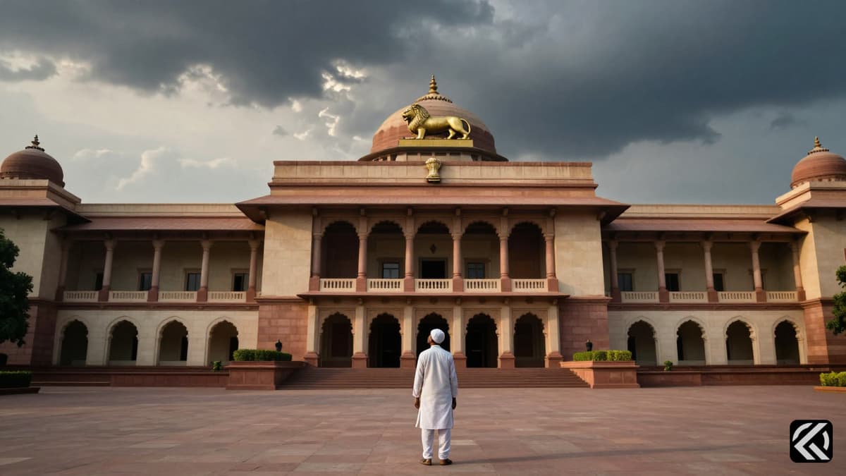 Indian Parliament building under storm clouds with a solitary figure symbolizing the Raghav Chadha political dispute.