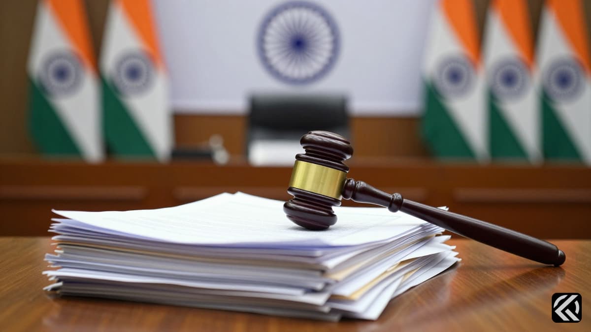 A gavel and official documents on a desk with blurred political flags, symbolizing leadership uncertainty in the Aam Aadmi Party.