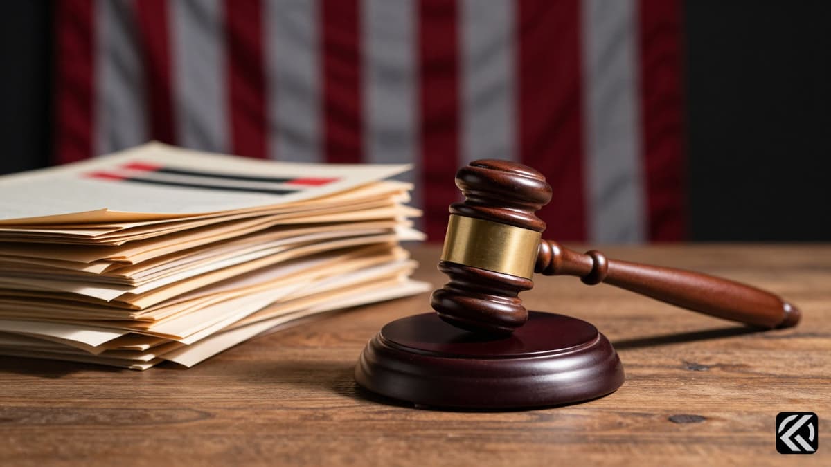A gavel and sealed files on a desk with a blurred US flag background.