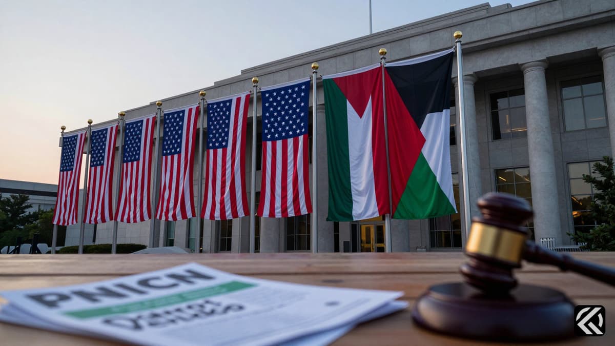 American and Palestinian flags hanging limp outside a federal building with a gavel in foreground symbolizing immigration legal tensions.