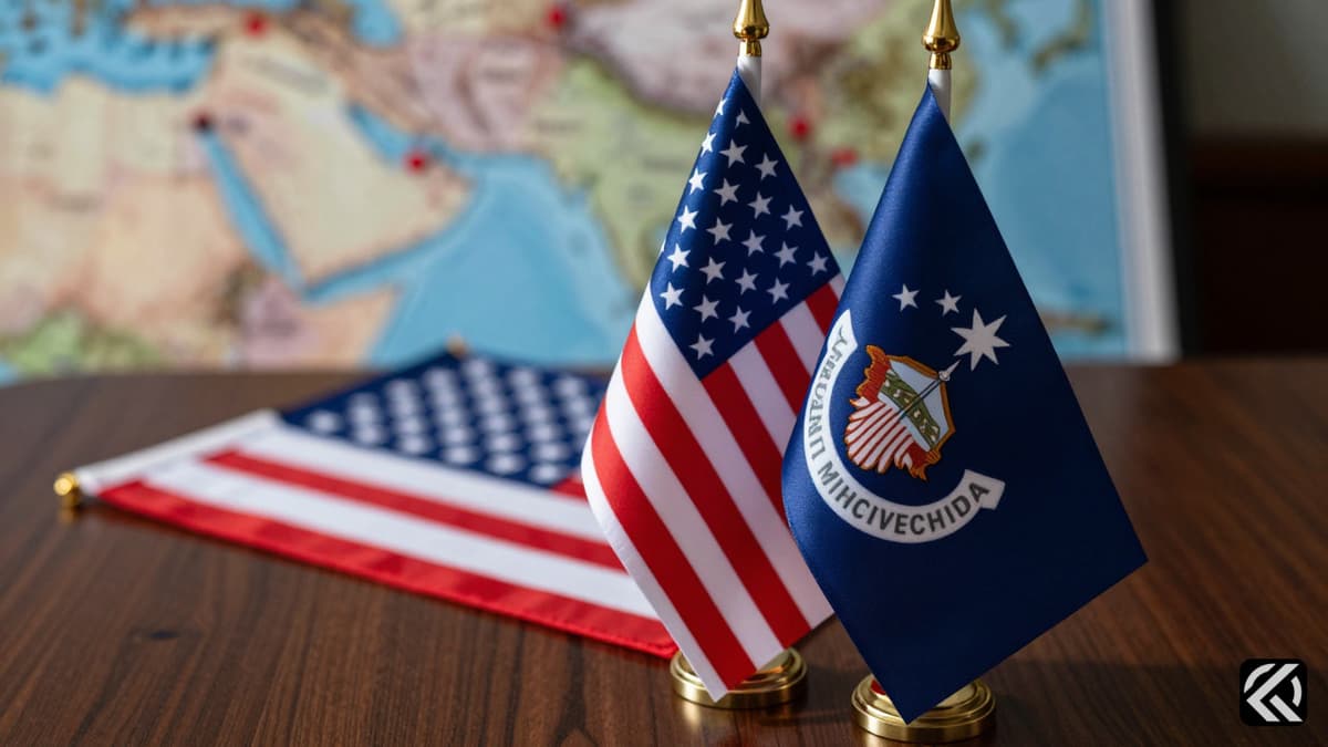 US Army flags on a desk with a blurred Middle East map in the background symbolizing a military leadership change.