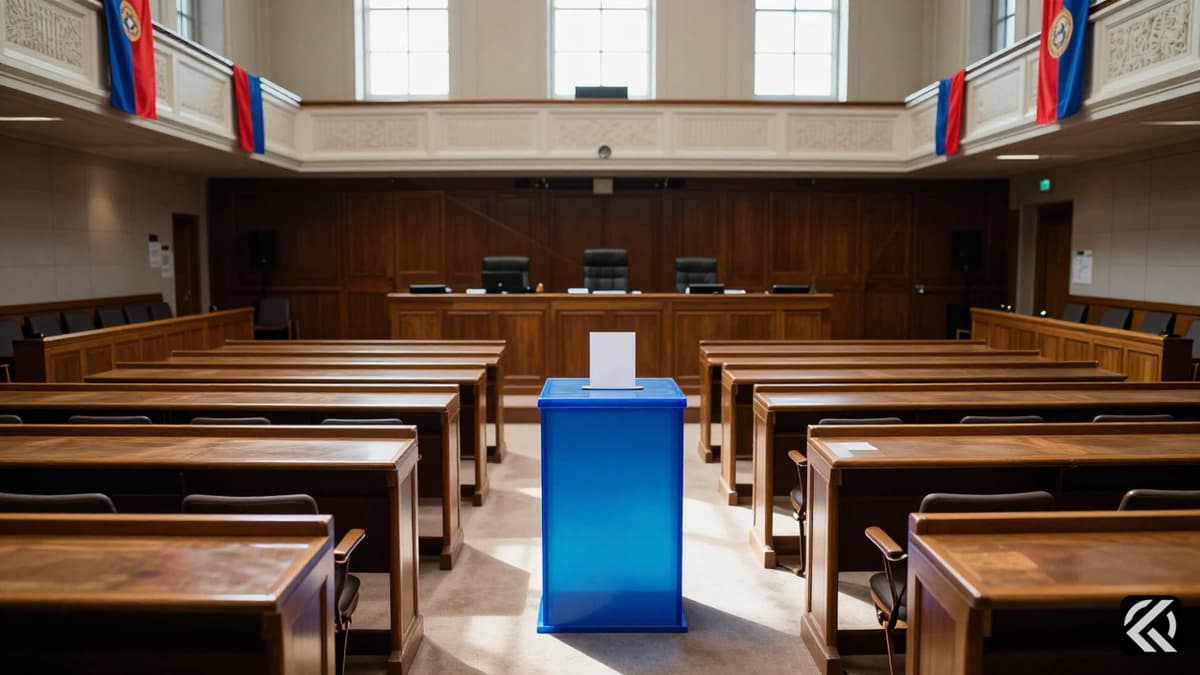 Formal parliamentary chamber interior with ballot box symbolizing voting and flags.