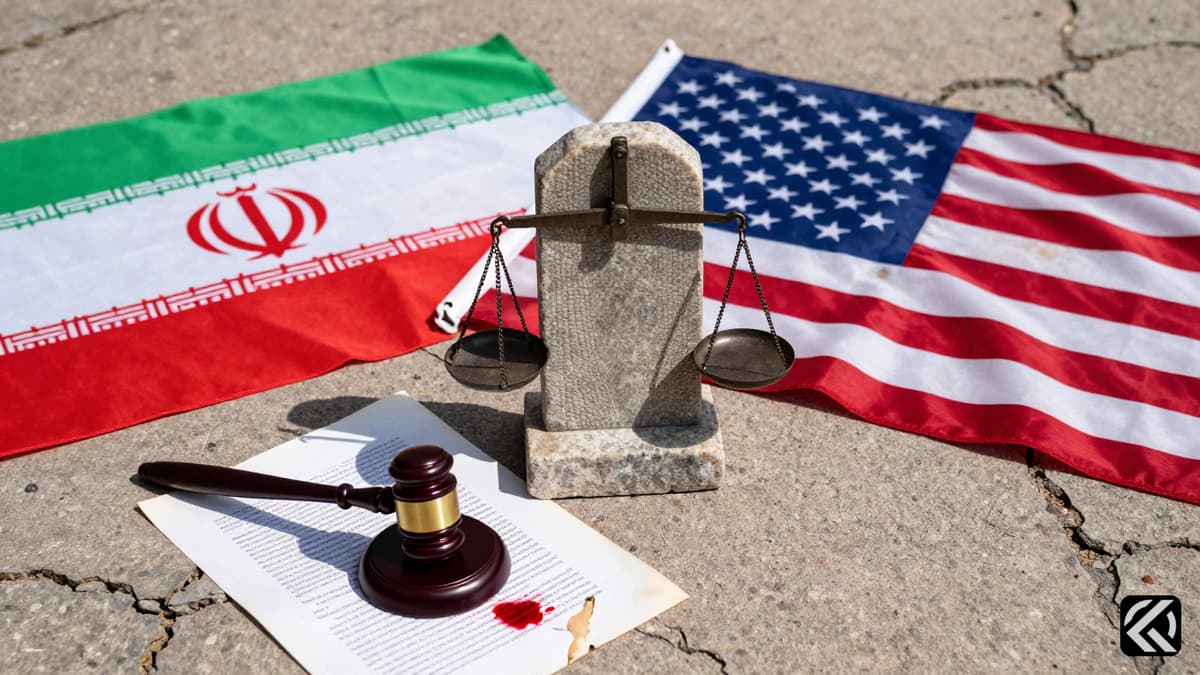 Tattered flags and a broken justice scale on cracked pavement symbolizing breaches of the laws governing the Iran war.