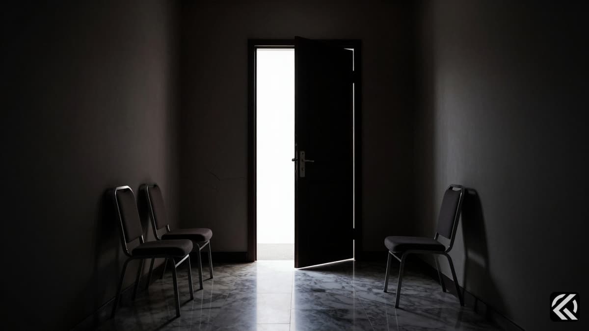 A symbolic photo of a dark hallway with two separated empty chairs and a cracked wall, representing political division.