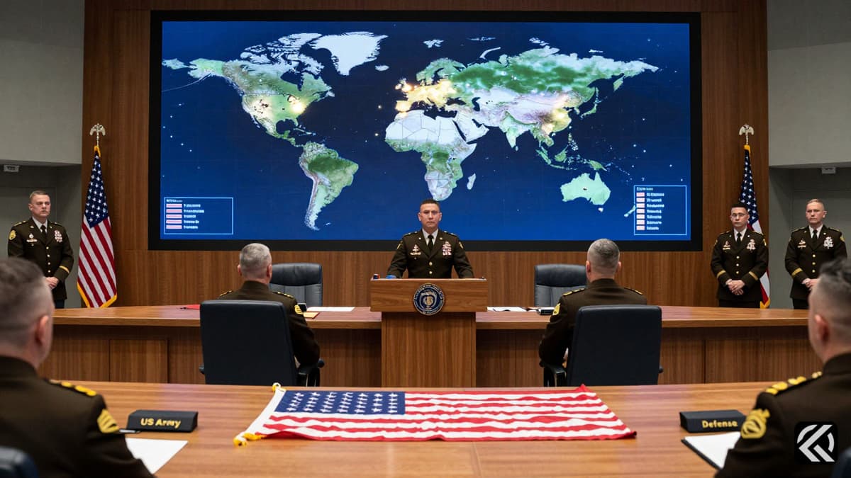 US Army personnel in formal uniforms standing at attention in a modern command center with an American flag and strategic map displays.