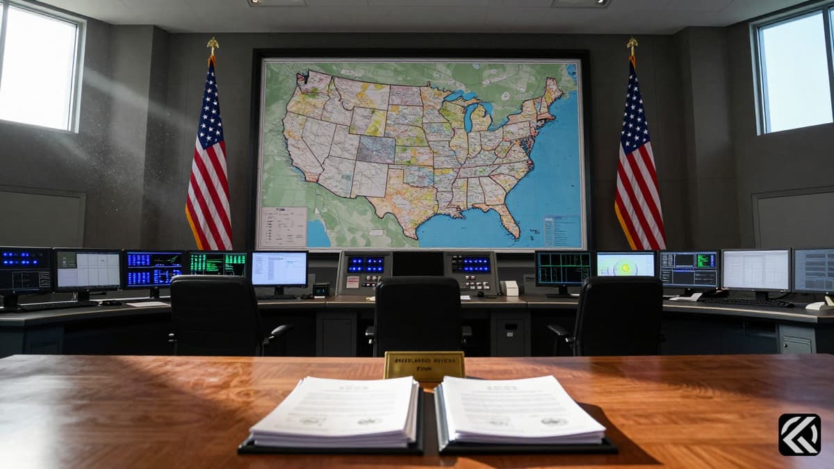 A realistic photo of a military command center with US flags and tactical maps on the wall.