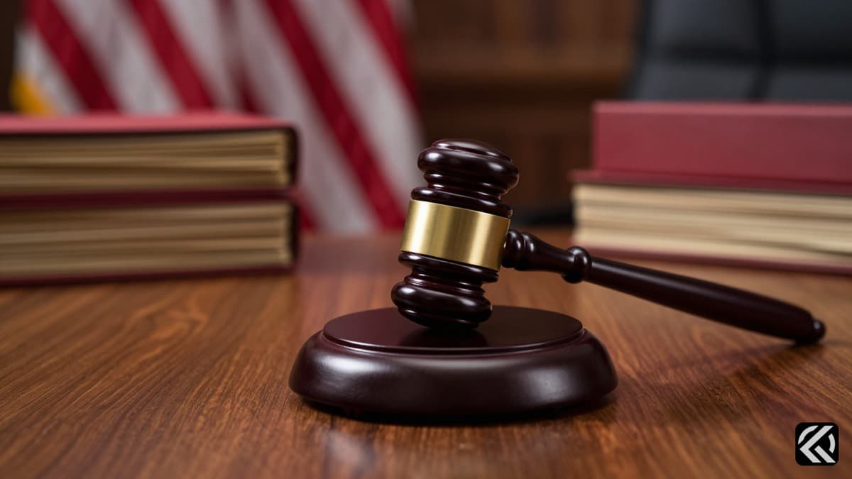 A gavel on a desk surrounded by legal files in a dimly lit office representing the Justice Department.
