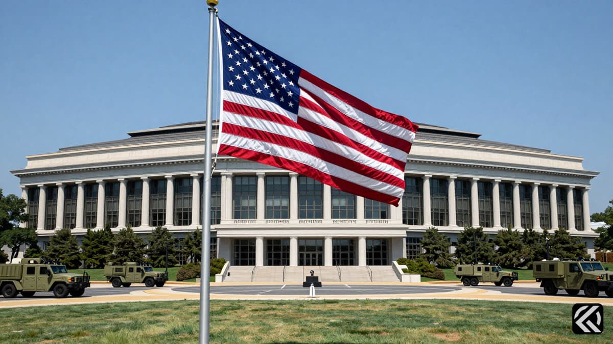 Exterior view of the Pentagon building with American flag and military vehicles.