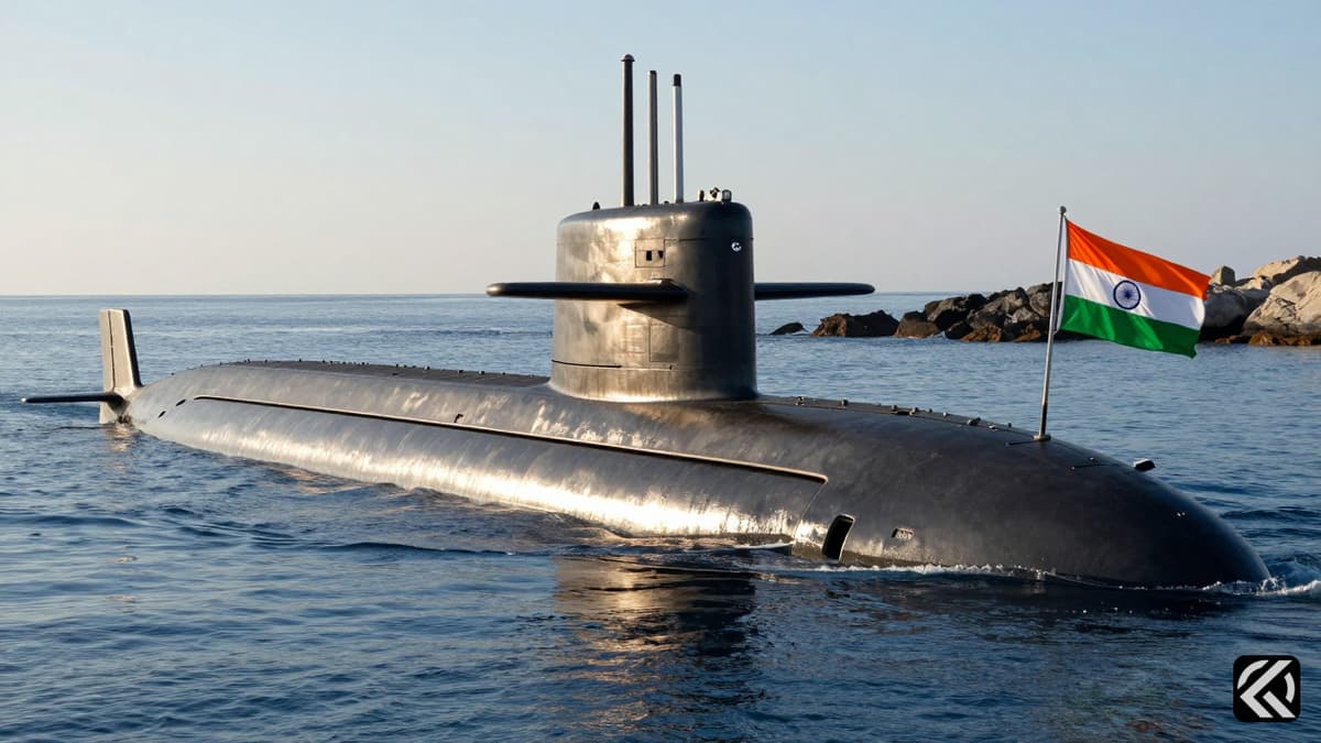 A dark grey nuclear submarine hull emerging from calm blue ocean waters near a rocky coast with an Indian flag.