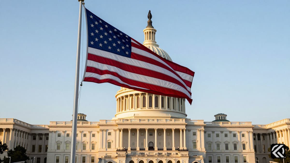 The US Capitol building with the American flag and US Army flag waving in the morning light.