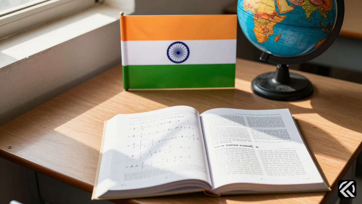 A classroom desk with math books, language texts, and an Indian flag representing the new CBSE curriculum.