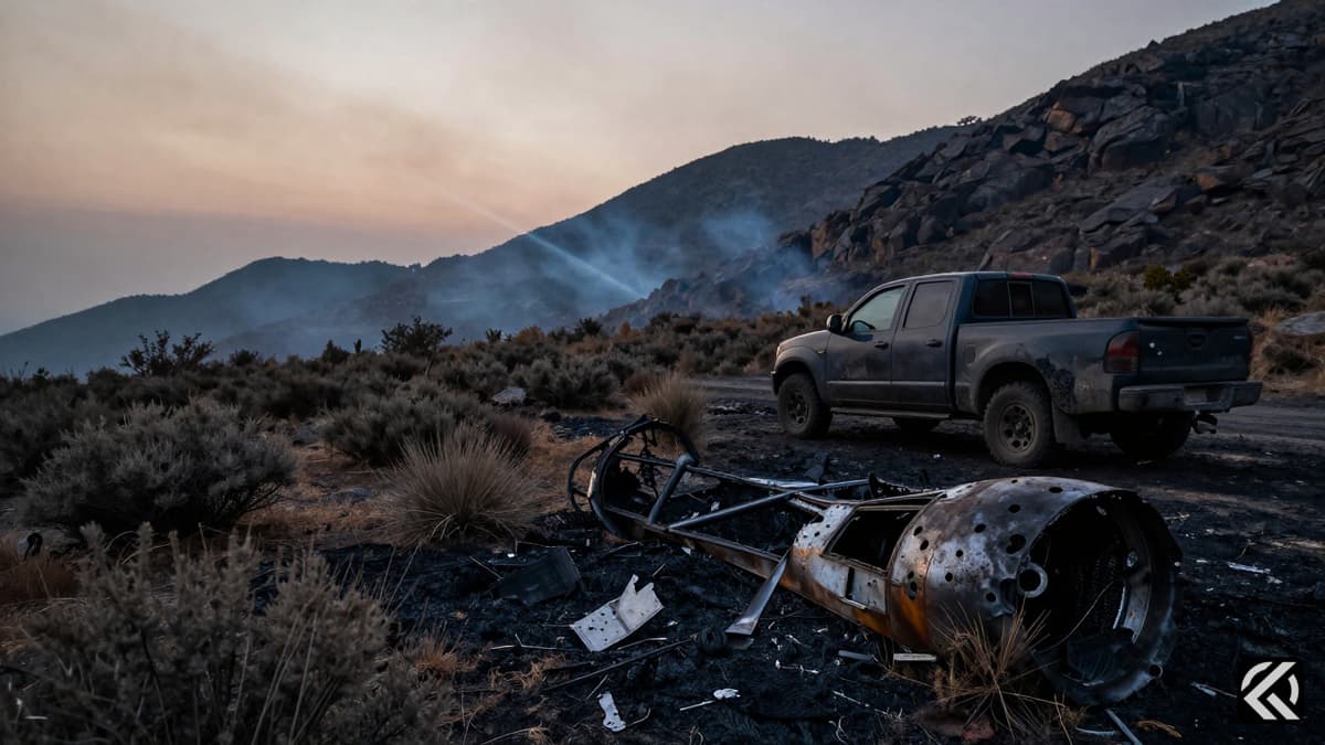Scattered twisted metal wreckage of a fighter jet on a rocky slope under a hazy sky.