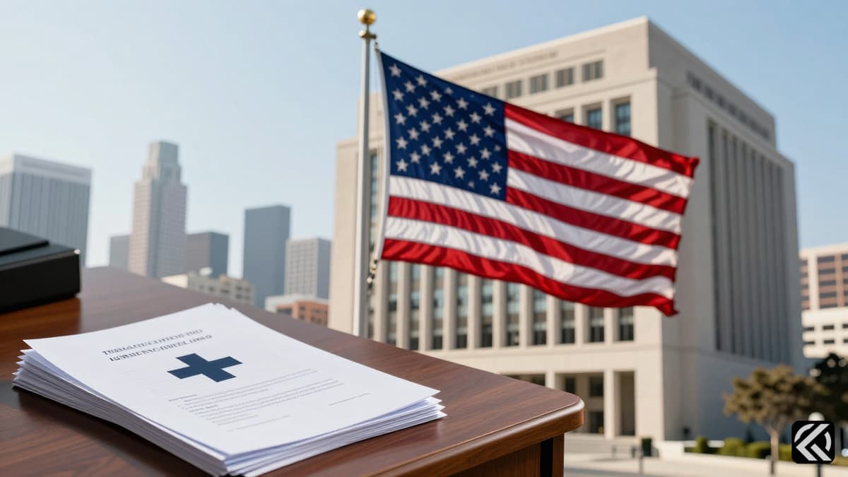 Realistic photo of a US government building with an American flag and medical documents on a desk in Los Angeles.