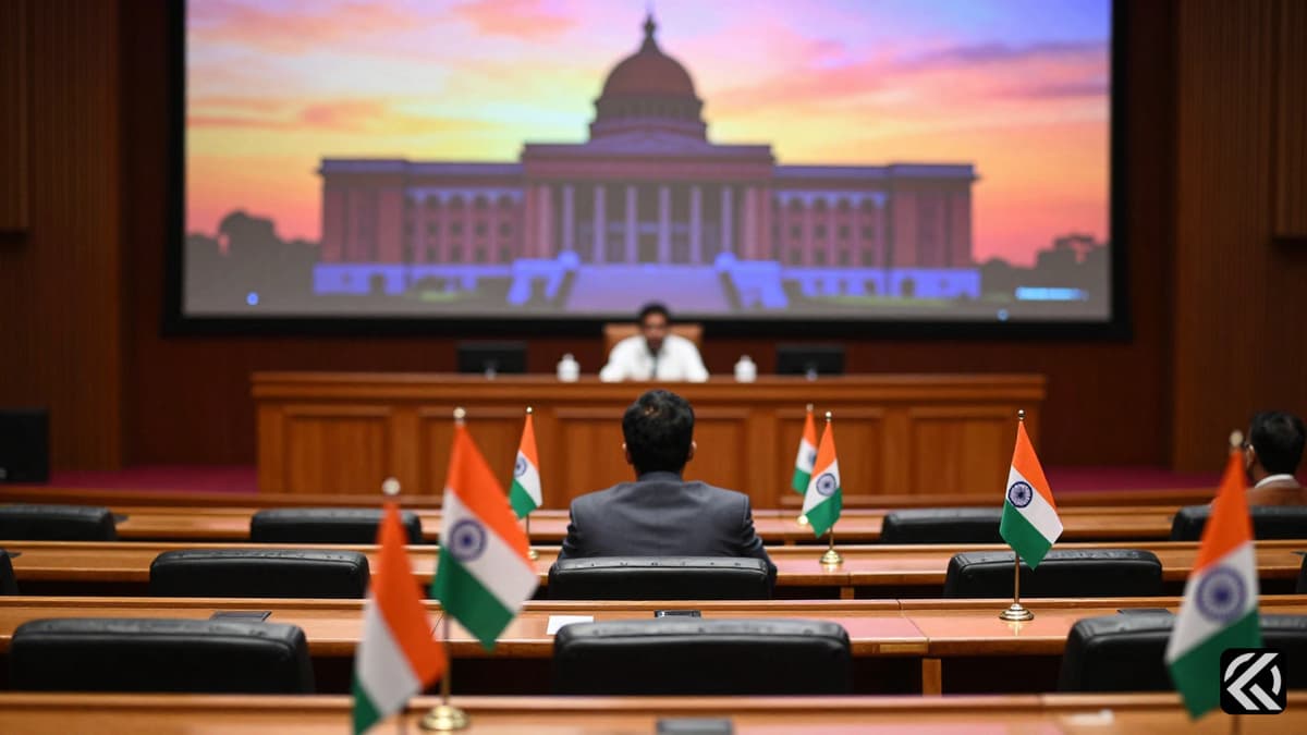 A solemn parliament hall with Indian flags symbolizing political debate without faces or text.