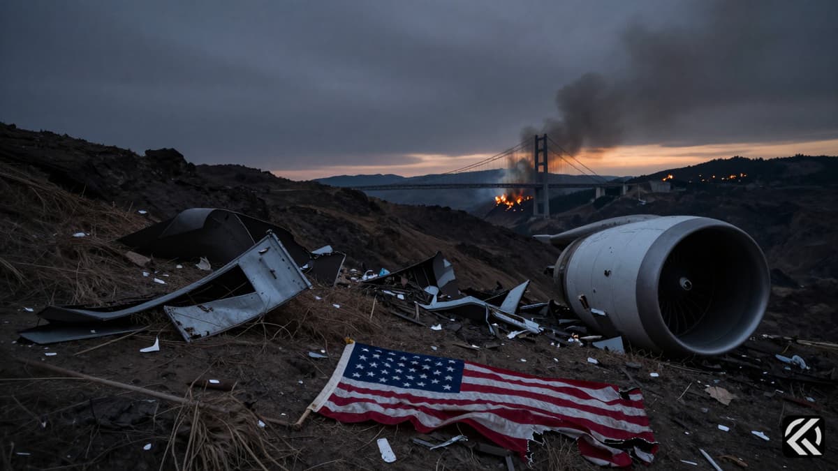 Wreckage of a downed aircraft on a mountainous landscape with smoke rising in the background.