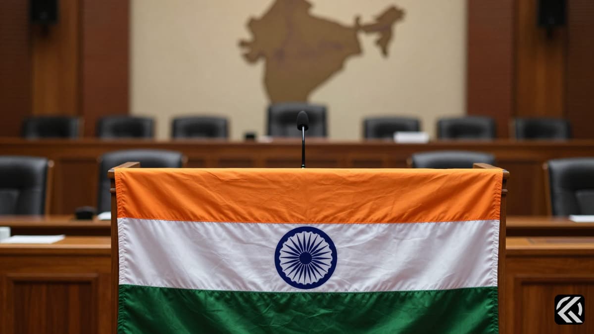 A wooden podium draped with the Indian flag inside a parliamentary chamber, symbolizing political tension and debate.