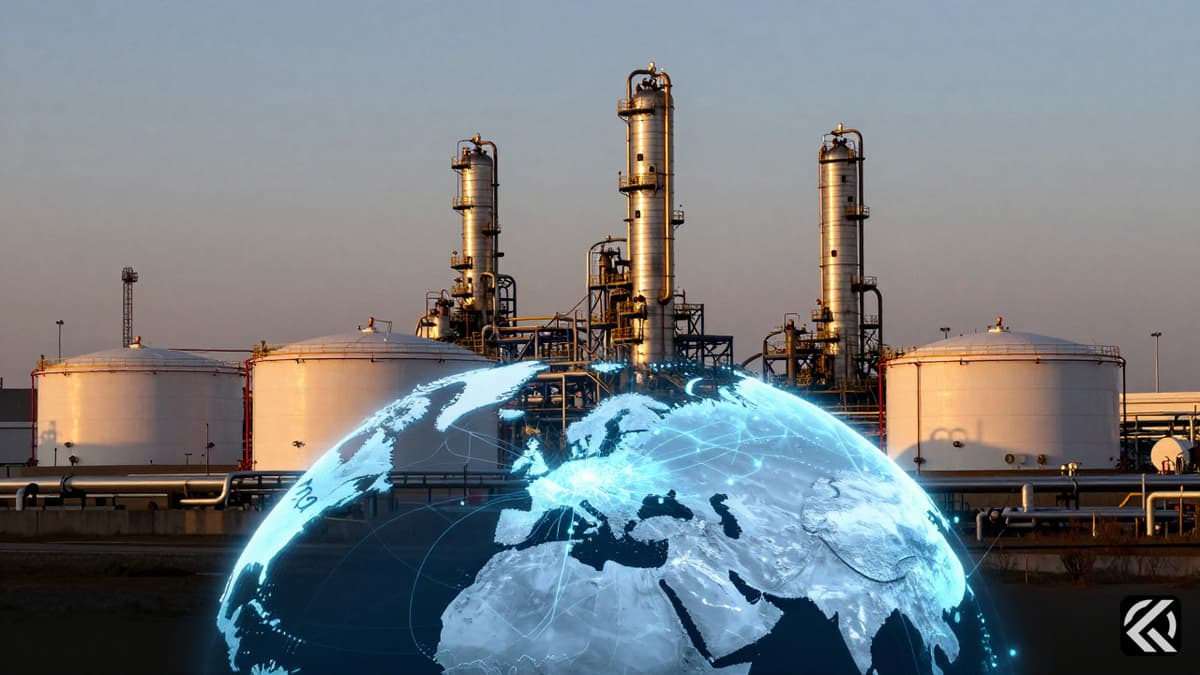 Industrial oil refinery at dusk with a glowing digital globe highlighting trade routes between India and Russia symbolizing international energy cooperation.