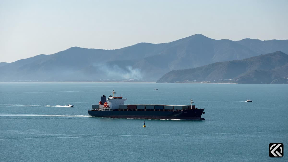 Maritime strait with container ship and distant smoke plumes indicating regional military conflict.