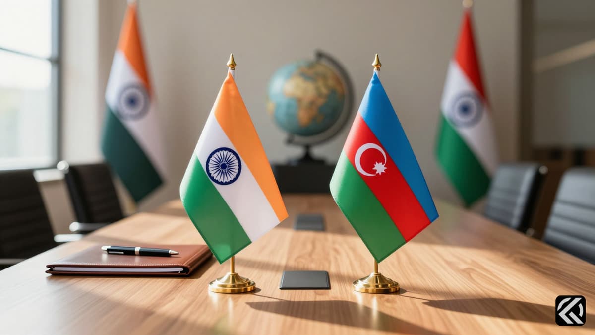 A formal diplomatic meeting table with Indian and Azerbaijani flags symbolizing new bilateral discussions.